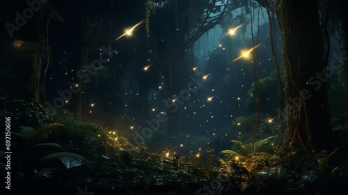 A cluster of fireflies creating a magical glow in the midst of a dense forest at night © MuhammadUmar