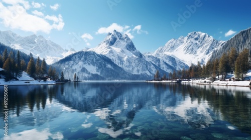 A crystal-clear mountain lake reflecting the snow-capped peaks in the distance © MuhammadUmar