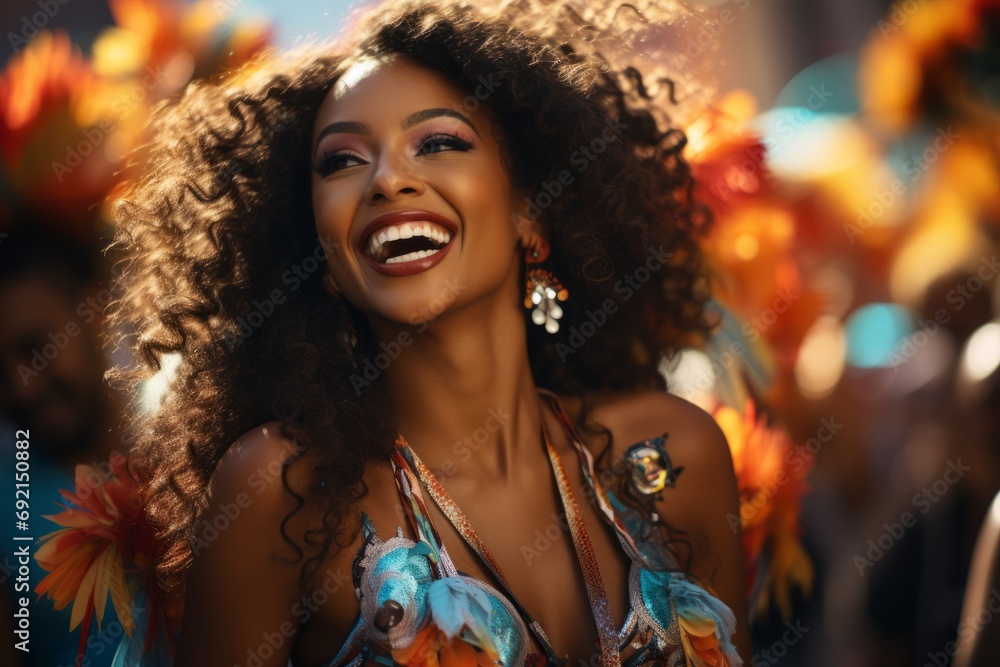 A bright woman in a suit dances on the street surrounded by the festive atmosphere of a carnival and festival on the street. Happy tourist girl with makeup. Banner with copy space A bright woman in a suit dances on the street surrounded by the festive atmosphere of a carnival and festival on the street. Happy tourist girl with makeup. Banner with copy space