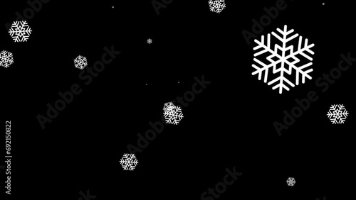 Cinematic slowmotion white snowflakes flying over the transparent, mask, alpha, and black background