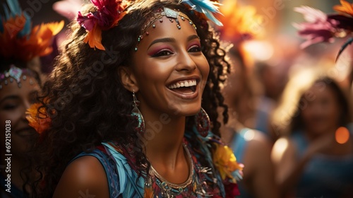 A bright woman in a suit dances on the street surrounded by the festive atmosphere of a carnival and festival on the street. Happy tourist girl with makeup. Banner with copy space