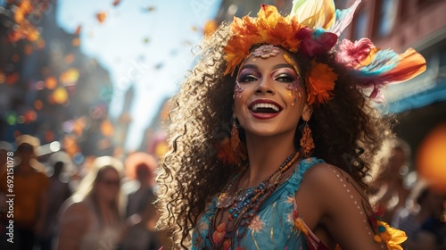 A bright woman in a suit dances on the street surrounded by the festive atmosphere of a carnival and festival on the street. Happy tourist girl with makeup. Banner with copy space © PRO Neuro architect