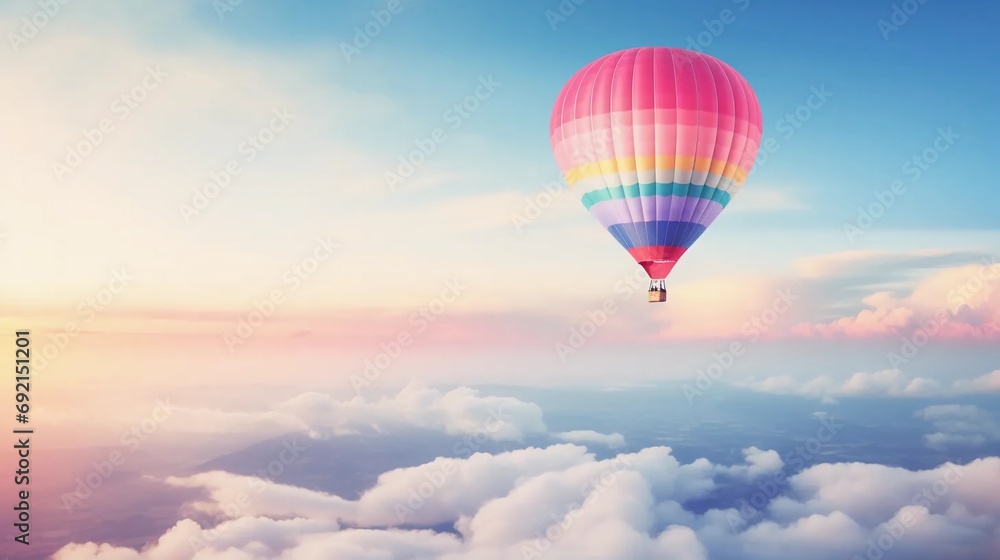 Fototapeta premium Flying balloon in fairy-tale clouds, magical balloon journey