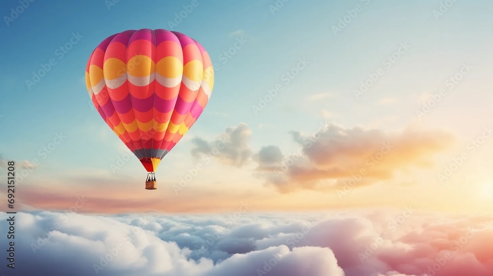 Flying balloon in fairy-tale clouds, magical balloon journey Flying balloon in fairy-tale clouds, magical balloon journey