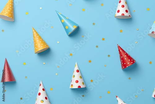 Colorful birthday caps on blue background