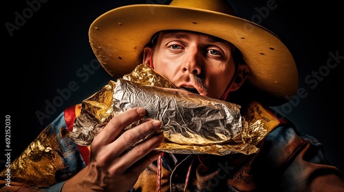 A man wearing a cowboy hat made of tacos, eating a burrito