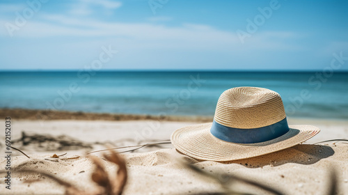 Bright and summery depiction of mock-up hat against isolated beach background  AI Generated
