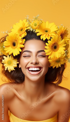 Smiling Fashion Woman with Yellow Flower Bouquet and Floral Dress, Portrait on Yellow Background