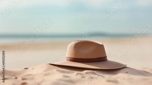 Bright and summery depiction of mock-up hat against isolated beach background  AI Generated