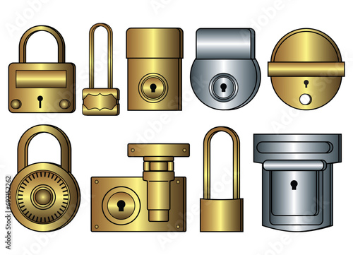 Padlock types flat sketch vector illustration, set of closed pad lock in different shapes for cad drawing template
