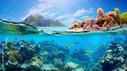 A panorama of a vibrant coral reef with exotic fish swimming in crystal-clear waters © MuhammadUmar
