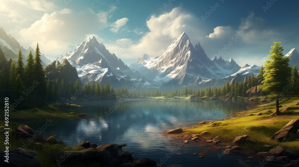 A pristine lake surrounded by dense evergreen forest and a snowy mountain range in the distance