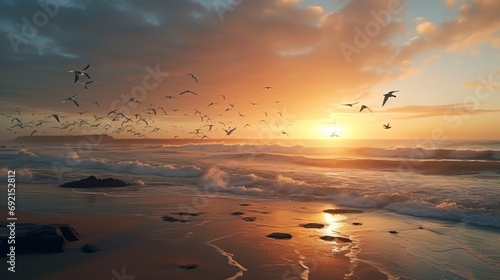 A serene beach at dawn, with gentle waves lapping against the shore and seagulls in flight © MuhammadUmar