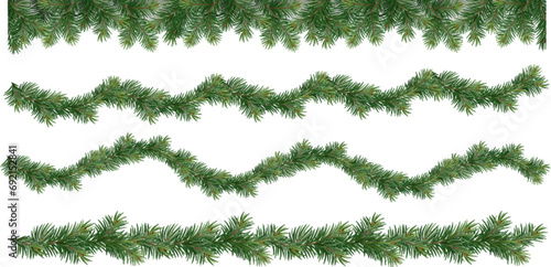 Realistic vector Christmas isolated tree branches garland and collections of Christmas tree branch with pine cones	

