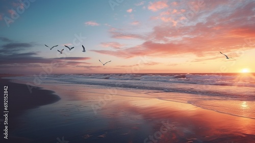 A serene beach at dawn  with gentle waves lapping against the shore and seagulls in flight