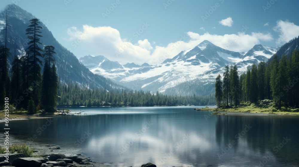 A serene lake surrounded by towering pine trees and snow-capped mountains