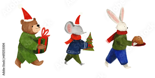 Watercolor Merry Christmas illustration, Cute animals in red winter scarfs and hats, holding Christmas presents. New Year Vector clip art elements, ready to print. Perfect for invitation, card, banner