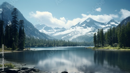 A serene lake surrounded by towering pine trees and snow-capped mountains © MuhammadUmar