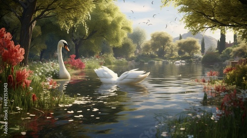A serene pond surrounded by weeping willows, with a pair of swans gliding across the water photo