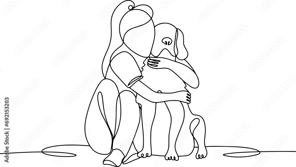 Woman. Dog. Pet. Hugs. One line