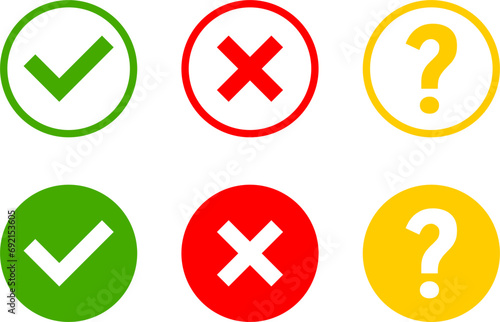 Free Download Green Red and Yellow Yes or OK No or Declined Problem or Warning Flat Icon Set with Check Mark X Cross and Question Mark Symbols in Circles. Vector Image. - GFXLoad