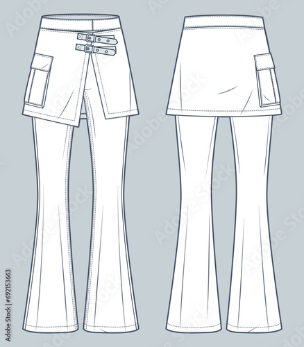 Skirt Over Pants fashion flat technical drawing template. Flared Pants technical fashion illustration, pockets, buckle, medium waist, front view, back view, white, women, men, unisex CAD mockup.