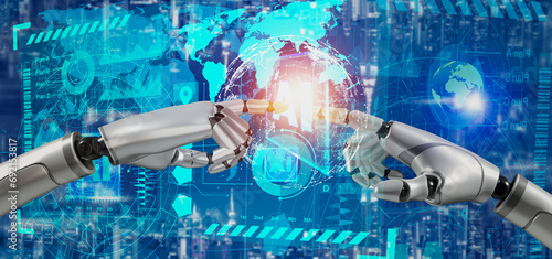 Double exposure of robot with artificial intelligence technology and innovation futuristic data network connection concept.