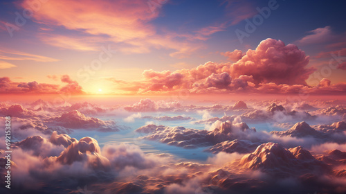 Peaceful sunset sky with fluffy clouds, Viewed from high altitude, Emphasizing calmness and beauty of evening, AI Generated © Shining Pro