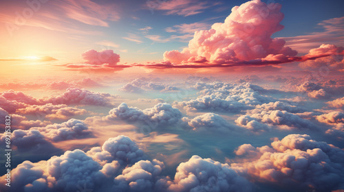 Peaceful sunset sky with fluffy clouds, Viewed from high altitude, Emphasizing calmness and beauty of evening, AI Generated