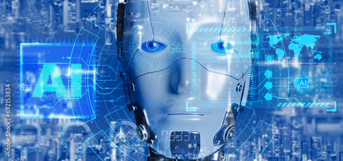 Double exposure of robot with artificial intelligence technology and innovation futuristic data network connection concept.