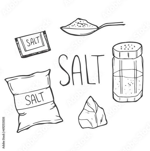 Salt sketch. Hand drawn spoon, bowl and bag with sea salting crystals for bath or cook.