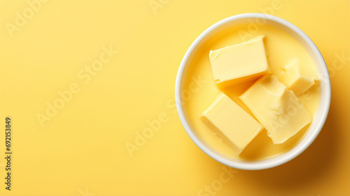 Bowl with melted butter on yellow background, top view. Dairy products