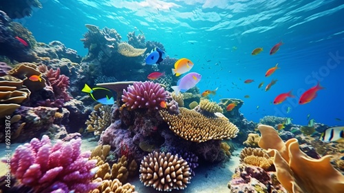 A vibrant coral reef teeming with life, with colorful fish swimming among the coral formations