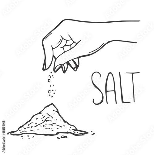 Humans hand pinching sea salt. Sprinkling spices. seasoning line art of snapping fingers. Powder and bunch. Vintage background poster. Engraved hand drawn sketch.