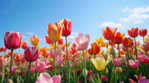 A vibrant field of tulips in various colors stretching as far as the eye can see