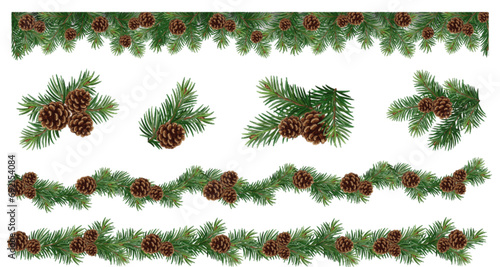 Realistic vector Christmas isolated tree branches garland and collections of Christmas tree branch with pine cones	
 photo