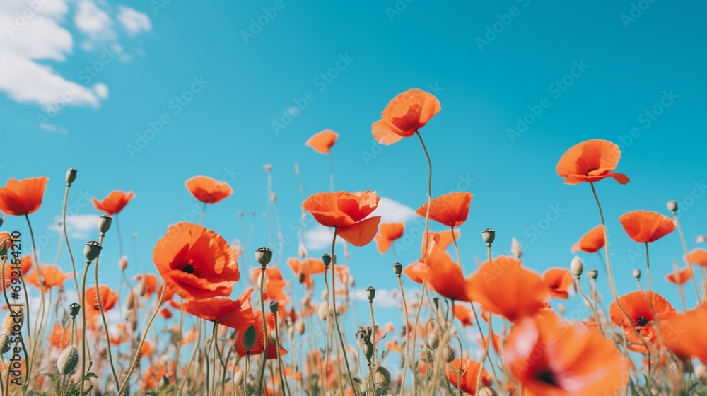 Obraz premium A vibrant field of wild poppies against the backdrop of a clear blue sky
