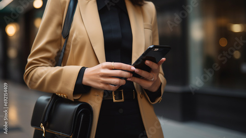 Woman's hand with stylish business attire holding smartphone showing financial apps, Emphasizing theme of professionalism in finance, AI Generated photo