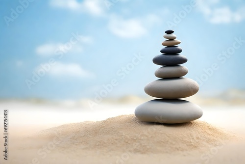 Stack smooth  similar-colored stones vertically on a bed of fine sand against a calming blue background