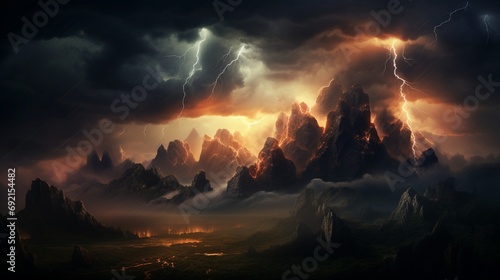 Dramatic lightning illuminating a stormy sky above a rugged mountain range © MuhammadUmar