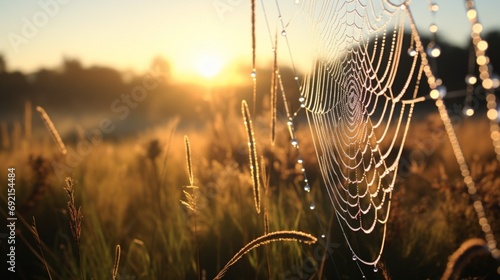 Glistening dewdrops on a spider's delicate web in the early morning light amidst a dense meadow photo