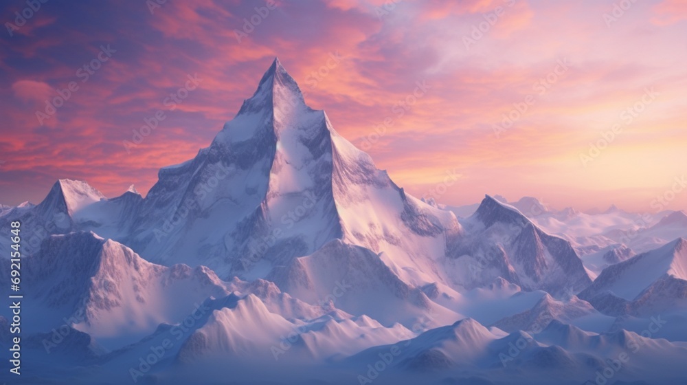 Majestic snow-covered mountains bathed in the warm hues of dawn under a clear azure sky