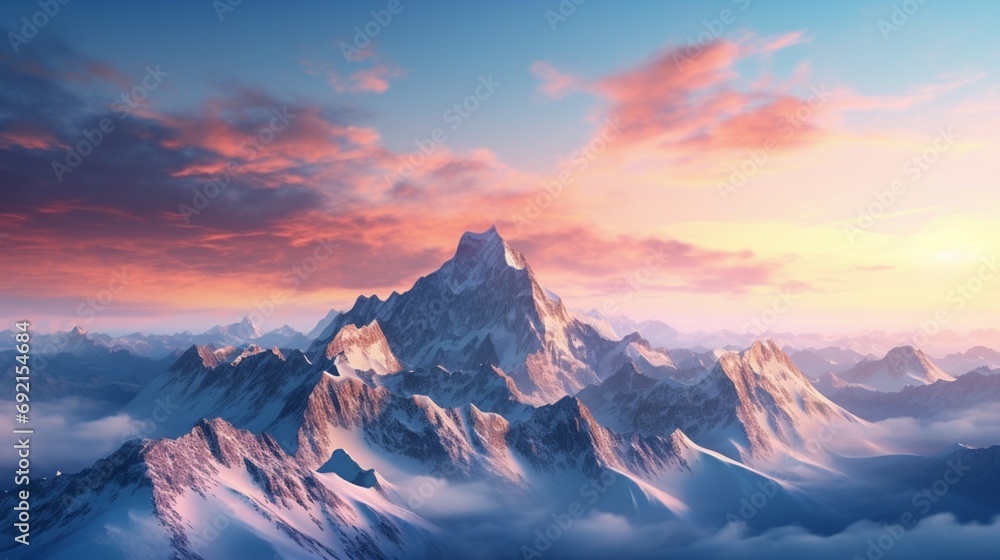 Majestic snow-covered mountains bathed in the warm hues of dawn under a clear azure sky
