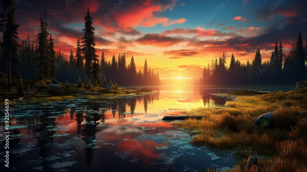 Sunset illuminating a tranquil forest clearing with a mirrored lake reflecting the vibrant colors of the sky