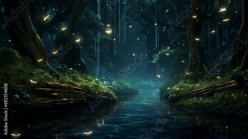 Glowing fireflies creating a magical spectacle in a moonlit forest clearing