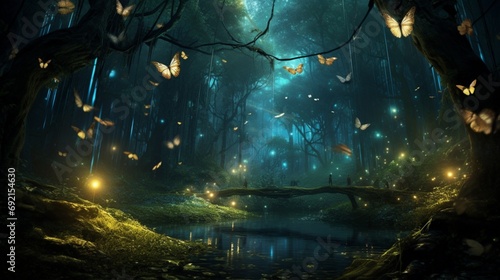 Glowing fireflies creating a magical spectacle in a moonlit forest clearing