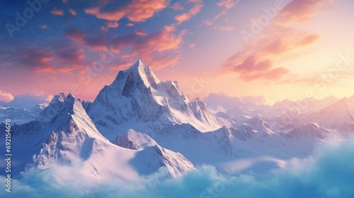 Majestic snow-covered mountains bathed in the warm hues of dawn under a clear azure sky