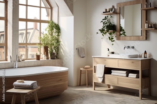 Scandinavian-inspired bathroom  warm simplicity and natural elements  neutral color scheme with warm wood tones