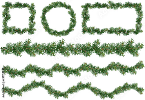 Realistic vector Christmas isolated tree branches garland and collections of Christmas tree branch with pine cones	
