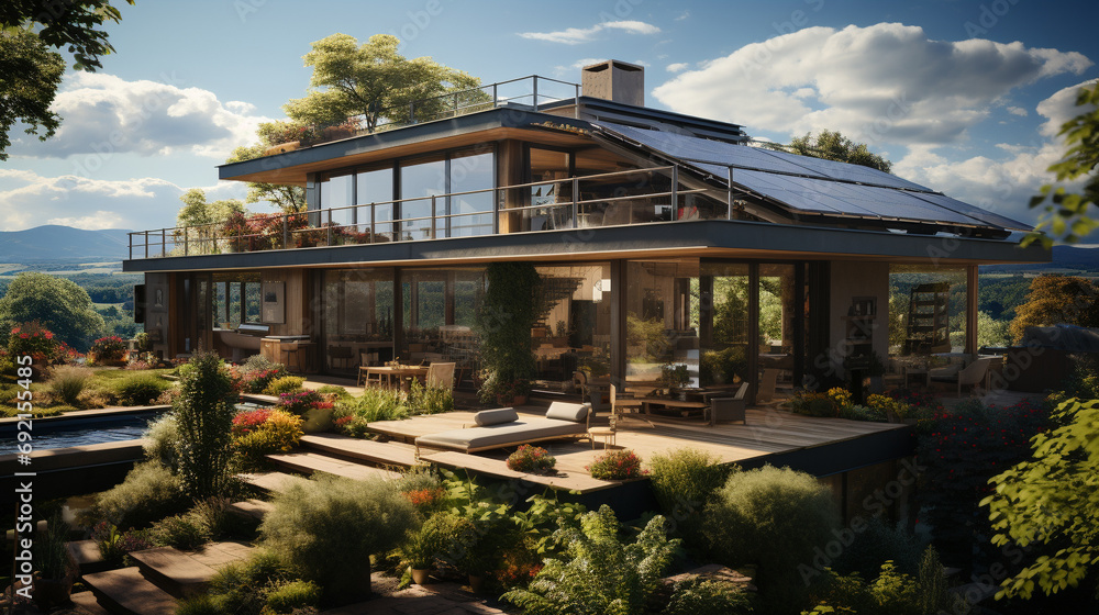 House with landscaped surroundings focusing on efficiency and aesthetics of rooftop solar panels, AI Generated